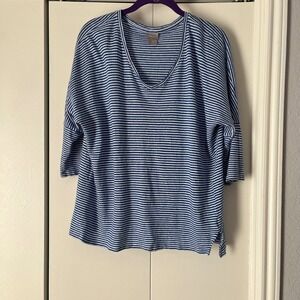 Chico's Women's Blue Striped V-Neck 3/4 Sleeve Tunic Top Blouse Size 2